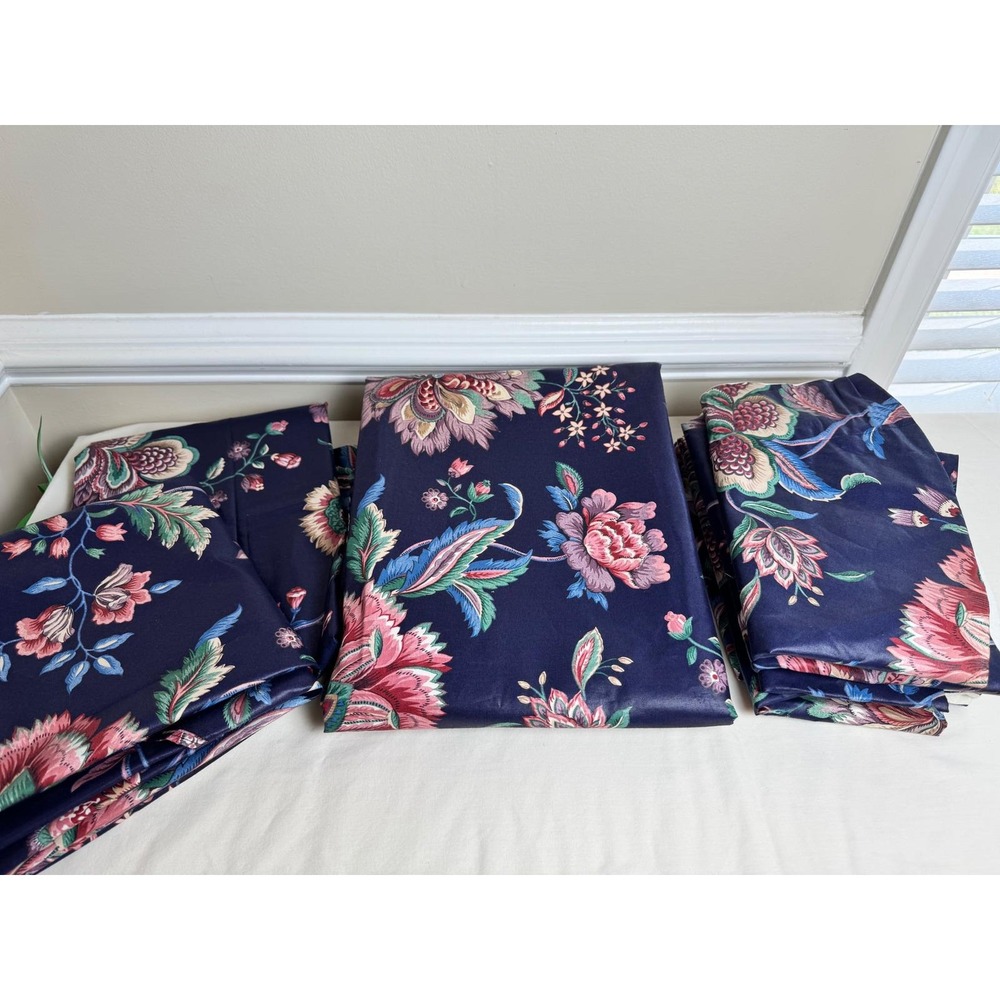Vintage Navy Blue Floral Chintz 9 Piece‎ Curtain & Balloon Valance Set Lined 80s - Picture 5 of 12